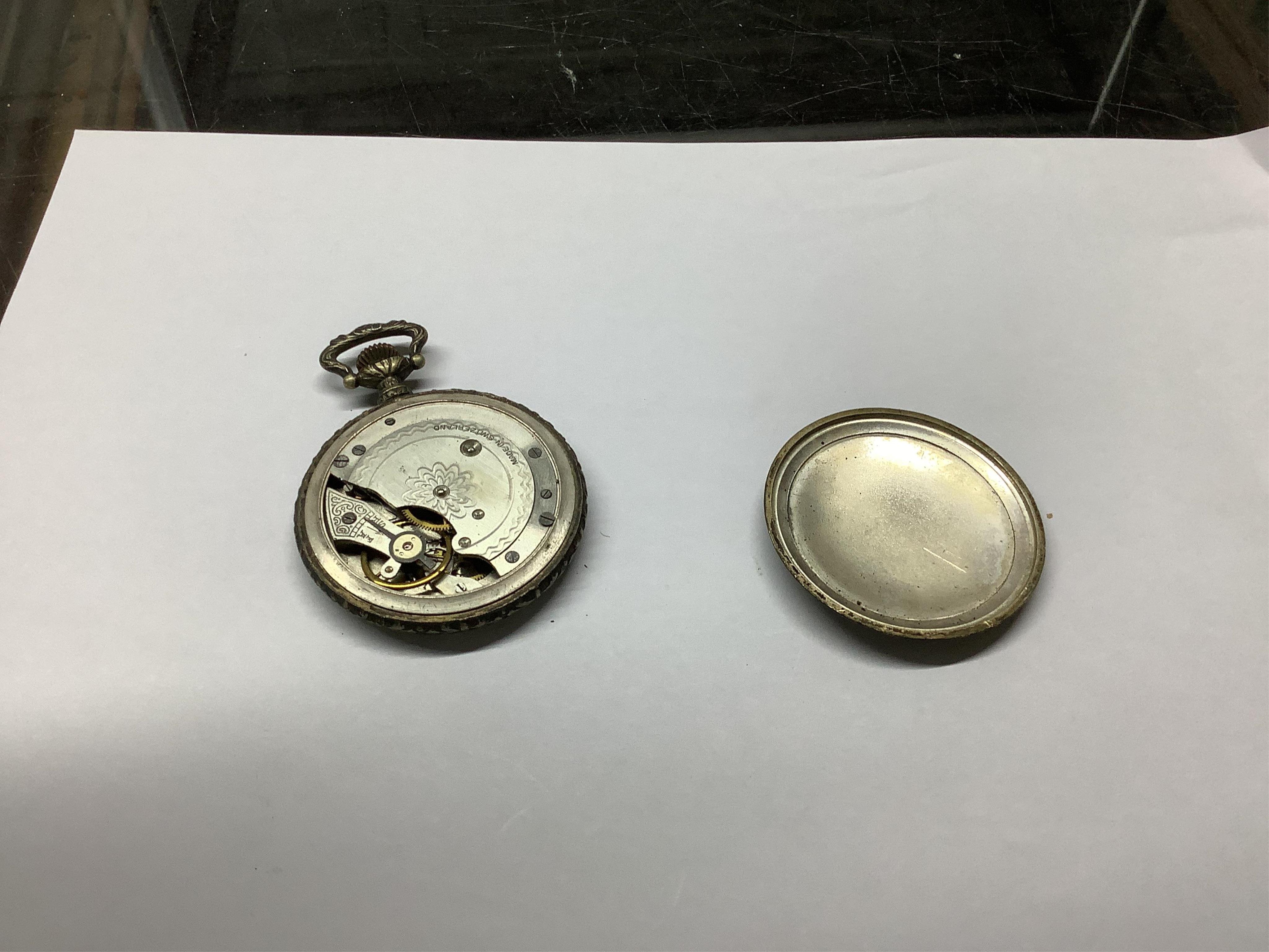 A box of watches, keys, and watch parts, including a silver Hebdomas pocket watch and a 9ct gold Rotary manual wind wrist watch. Condition - poor